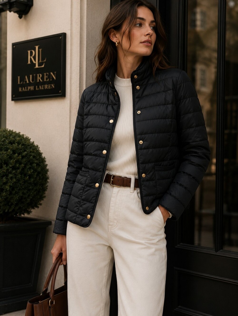 LAUREN Ralph Lauren NWOT Quilted Puffer Jacket Black Button Front Women’s MEDIUM